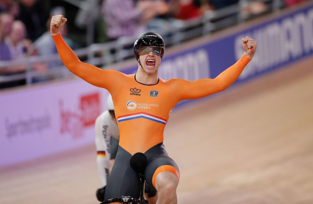 Netherlands Harrie Lavreysen celebrates winning Gold in the mens 15 km Keirin final at the UCI track cycling World Championship at the velodrome in Berlin on February 27 2020 Photo by Odd ANDERSEN AFP Photo by ODD ANDERSENAFP via Getty Images