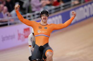 Netherlands Harrie Lavreysen celebrates winning Gold in the mens 15 km Keirin final at the UCI track cycling World Championship at the velodrome in Berlin on February 27 2020 Photo by Odd ANDERSEN AFP Photo by ODD ANDERSENAFP via Getty Images