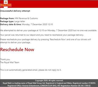 Example of Royal Mail Phishing material