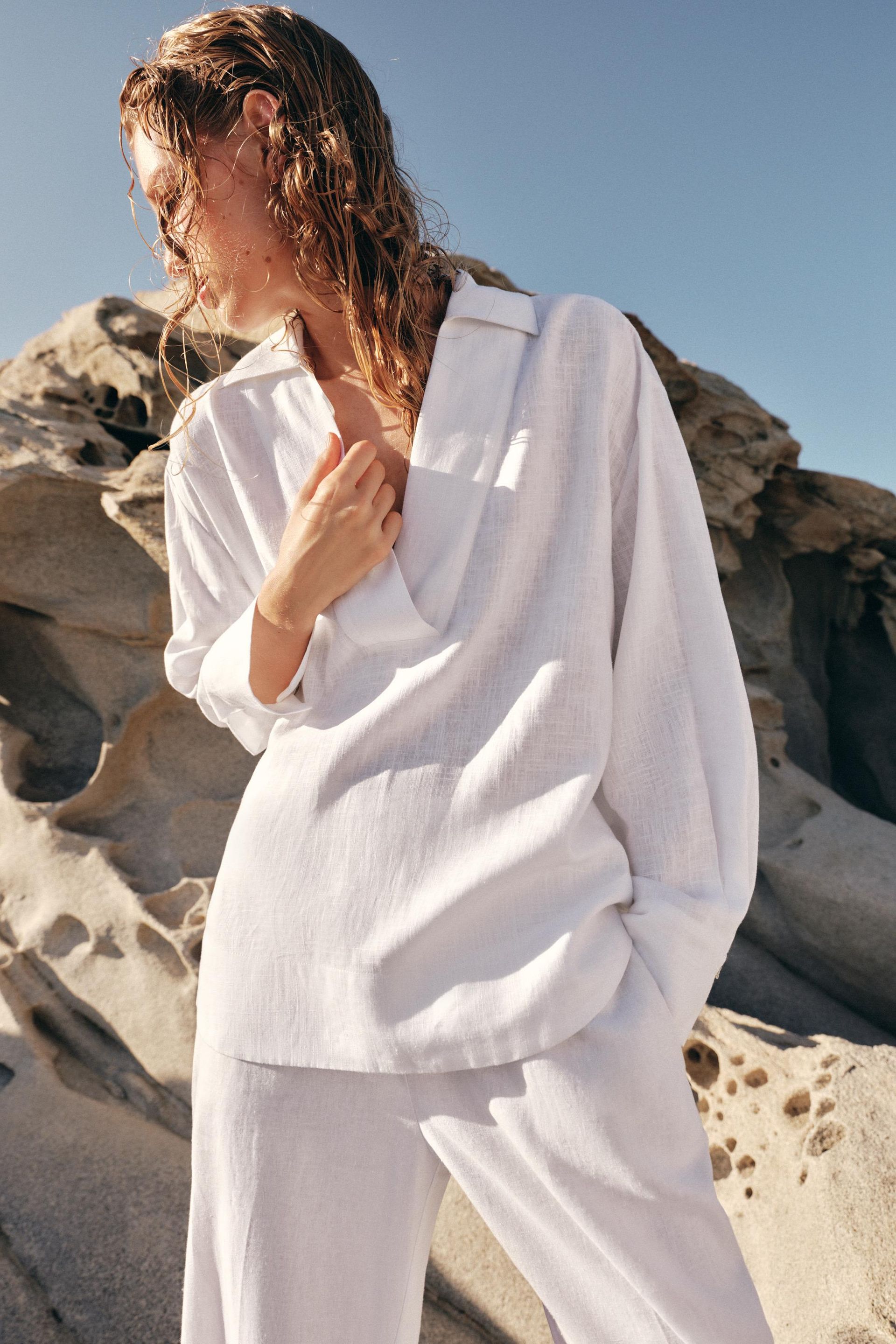Linen Blend Blouse With Polo Collar