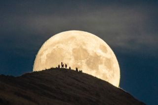 The nearly full Harvest Moon rises over hikers at the Mission Peak Regional Preserve near San Francisco, California, in this image taken by astrophotographer Kwong Liew on Sunday (Sept. 23).