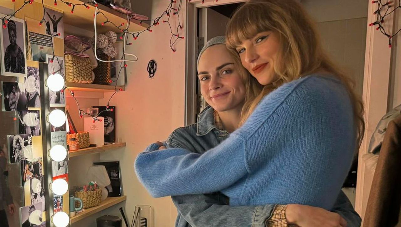 Cara Delevingne and Taylor Swift hug backstage at a London performance of Cabaret