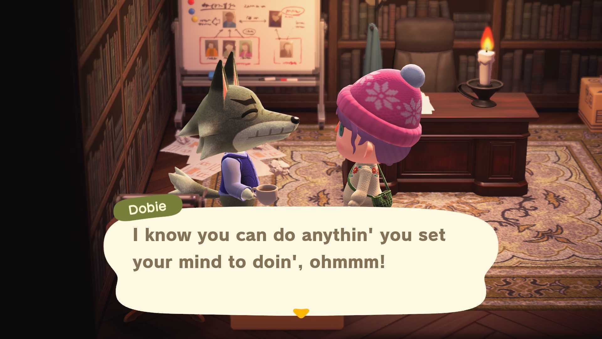 Dobie the wolf tells the villager they can do what they set their minds to in Animal Crossing: New Horizons
