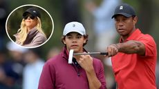 Tiger and Charlie Woods on the golf course and an inset of Elin Nordegren