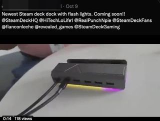 screenshot of a tweet showcasing the alleged knockoff RGB steam deck dock, text reading "Newest Steam deck dock with flash lights. Coming soon!!" before tagging a swathe of accounts