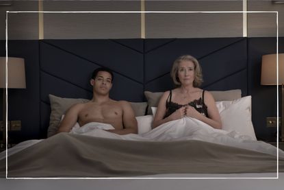 Where to watch Good Luck to You, Leo Grande as it is released in the UK and US. Picture shows Daryl McCormack as Leo and Emma Thompson as Nancy, in bed with the duvet pulled up to their waists.