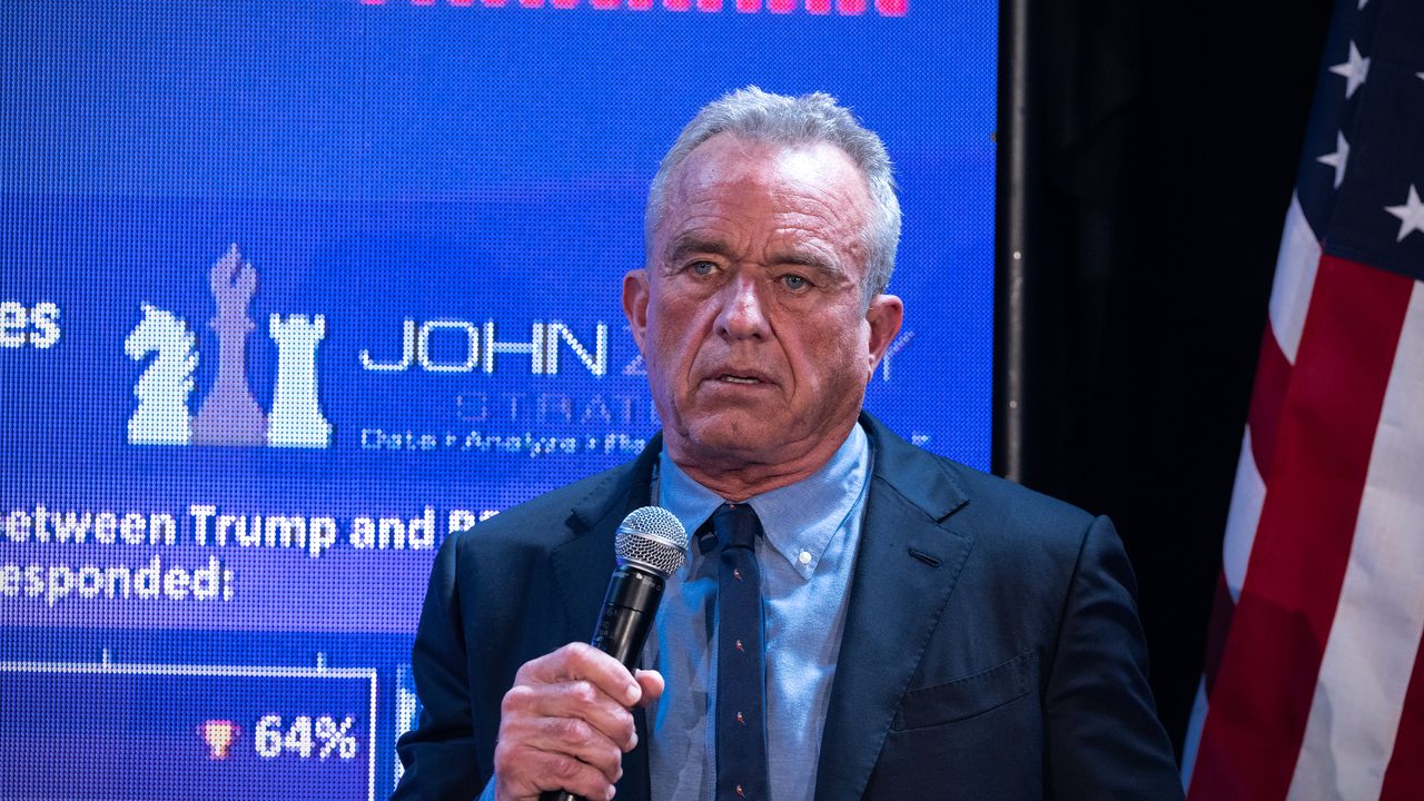 Robert F. Kennedy Jr. standing in front of blue screen