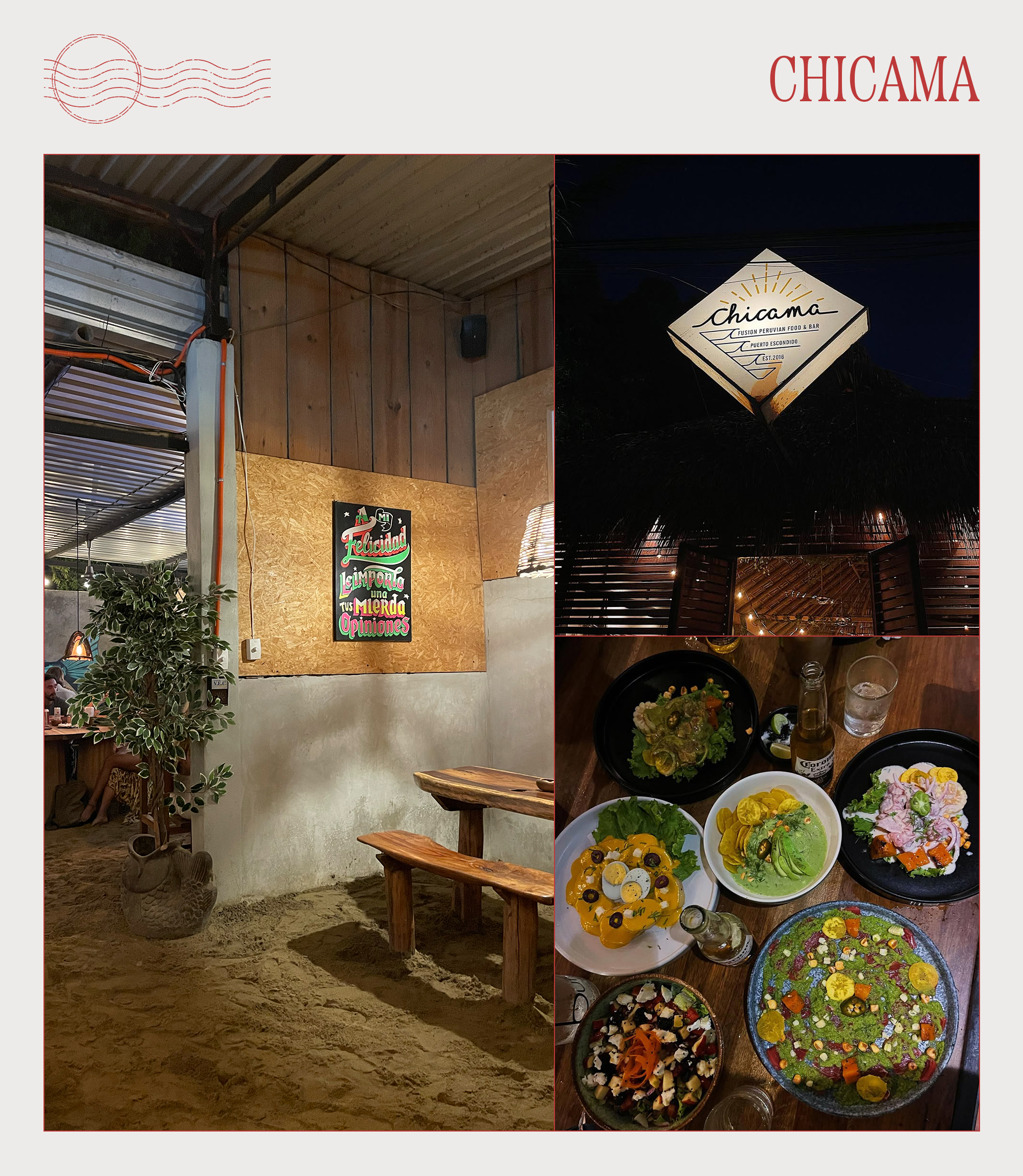 A collage of influencer and restaurant imagery featuring Chicama in Puerto Escondido, Mexico.