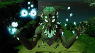 Palworld's Moon Lord boss, who is an enemy from the original Terraria. He's a big green monster with only a torso that floats, and has eyeballs all over him. 