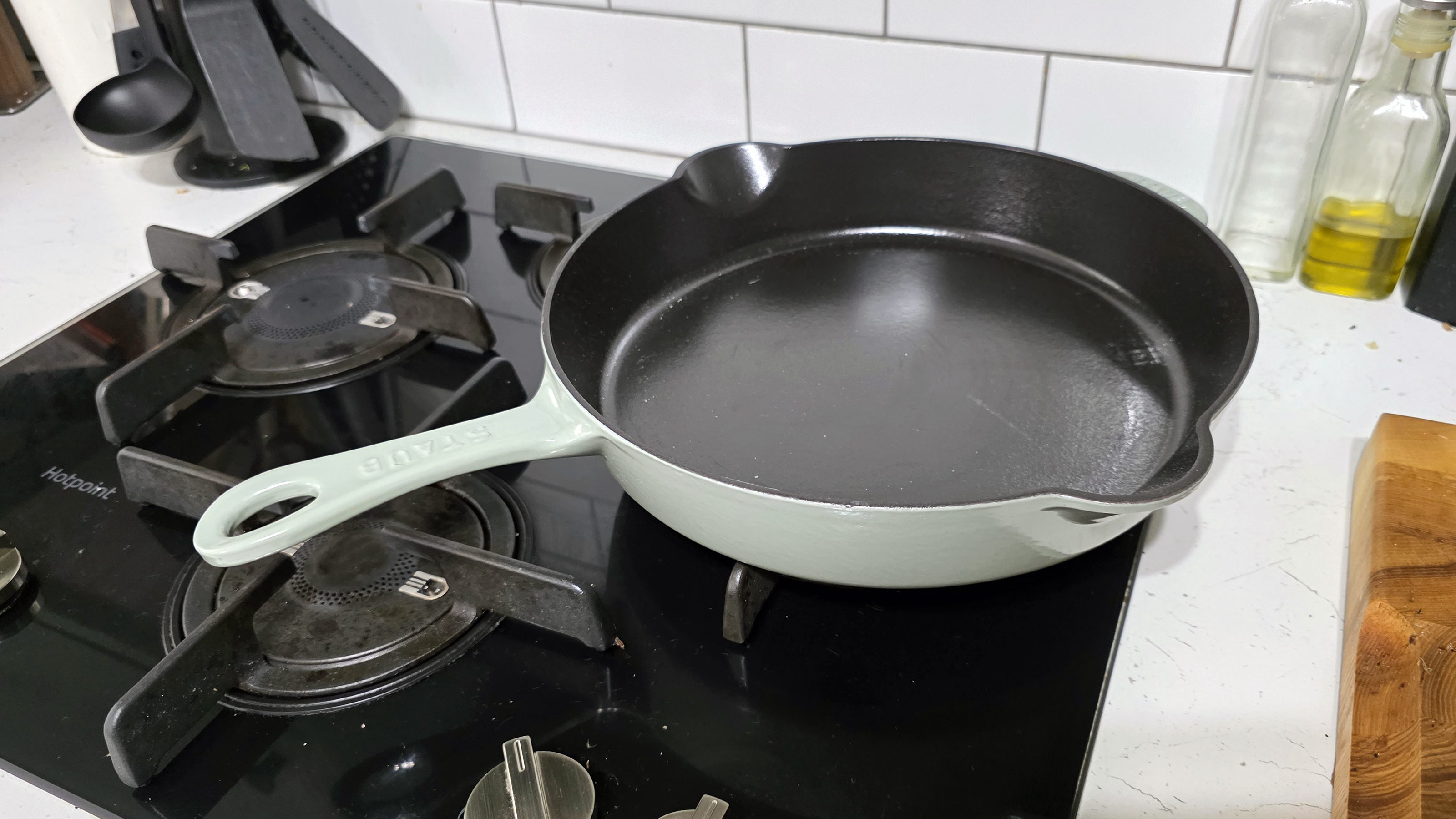 Cast iron skillets on a gas stove