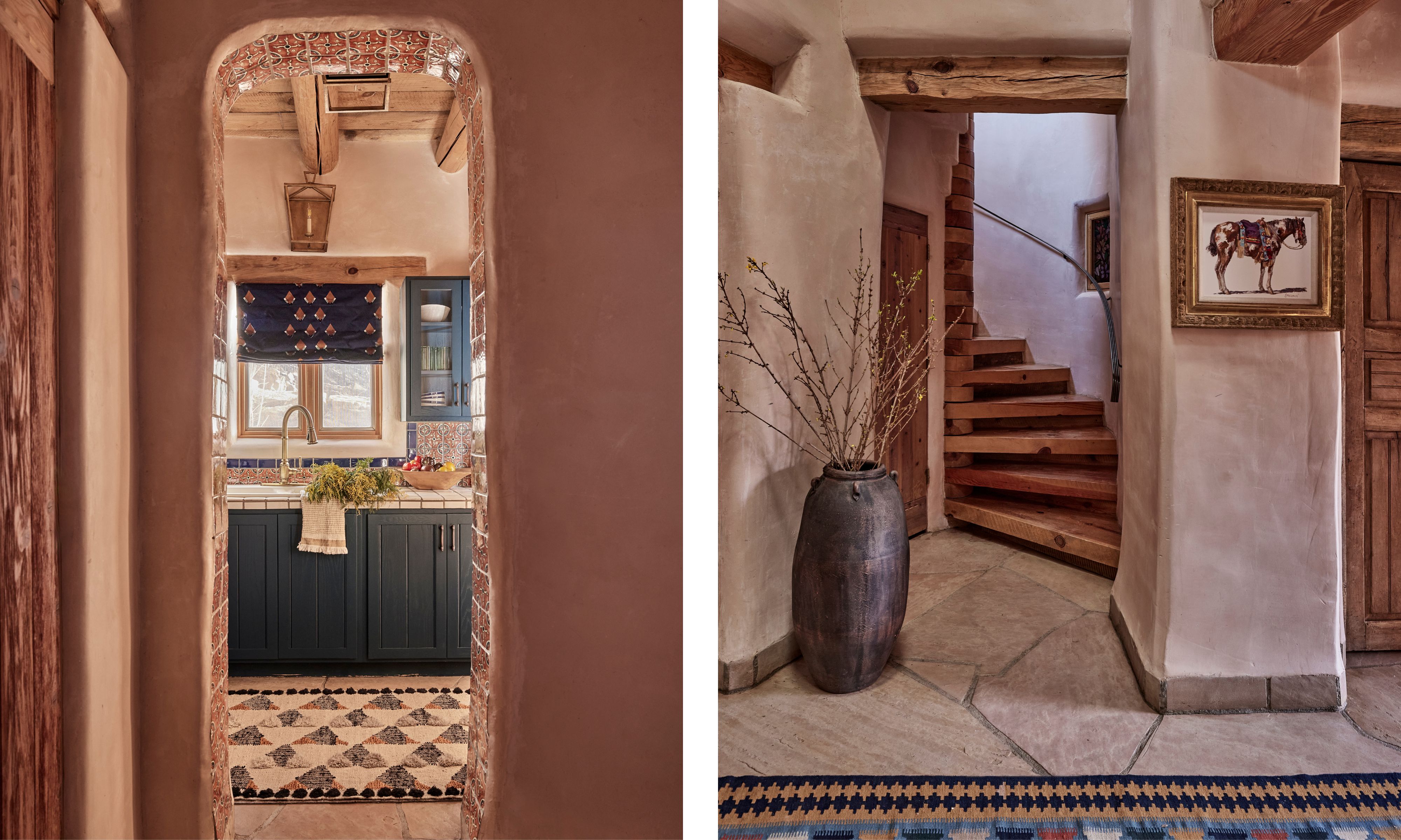 two side by side images of a santa fe kitchenette and hallway