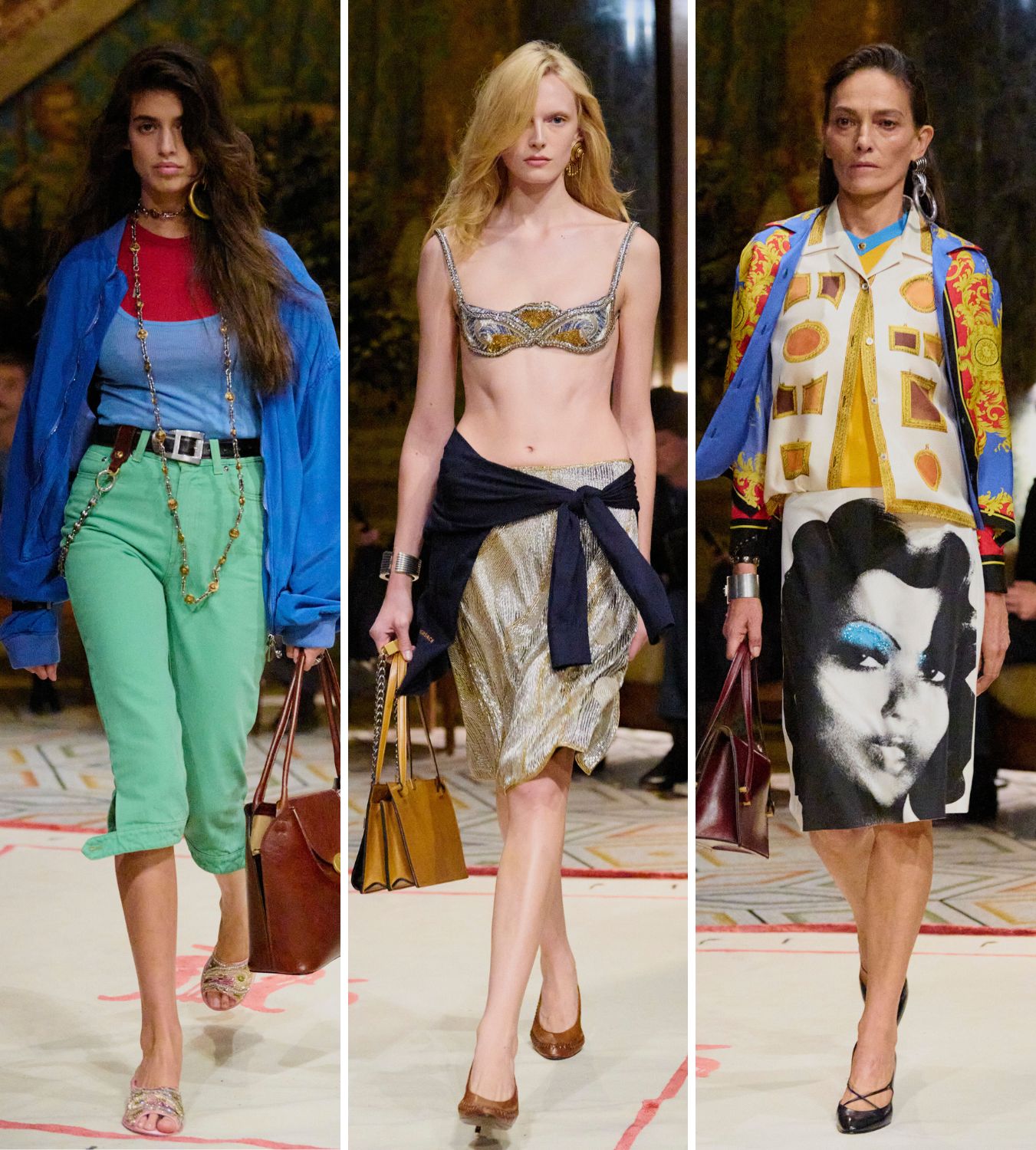 three models on the runway at versace&#039;s ss26 show