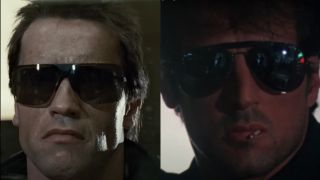 Arnold Schwarzenegger in The Terminator and Sylvester Stallone in Cobra, pictured side by side and wearing sunglasses.