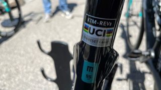 Close up of a UCI sticker on a seattube