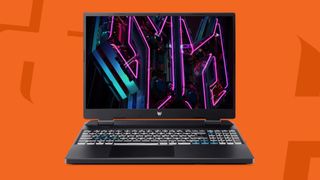 Acer Predator Helios 16 gaming laptop on an orange background