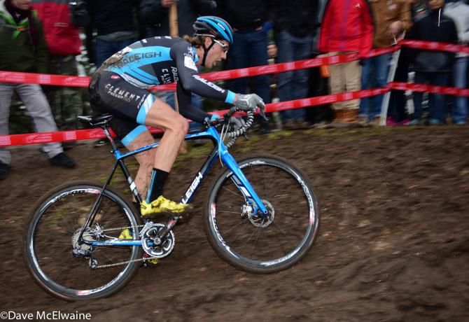 Jamey Driscoll (Raliegh Clement) riding an off-camber section of course on his way to an eighth place finish