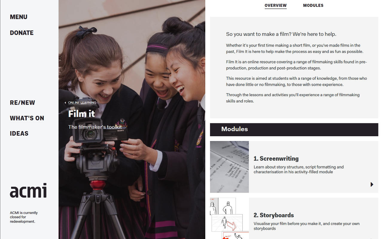 Screenshot showing overview of the filmmaker's toolkit