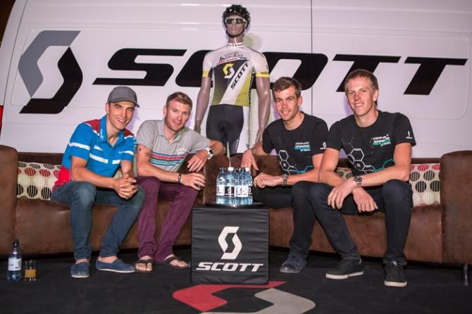From left: Nino Schurter and Florian Vogel pose with top South African cross country racers Philip Buys and Matthys Beukes at the Scott Sports World Championships welcome dinner at Jowett&rsquo;s Cycles, Pietermaritzburg.