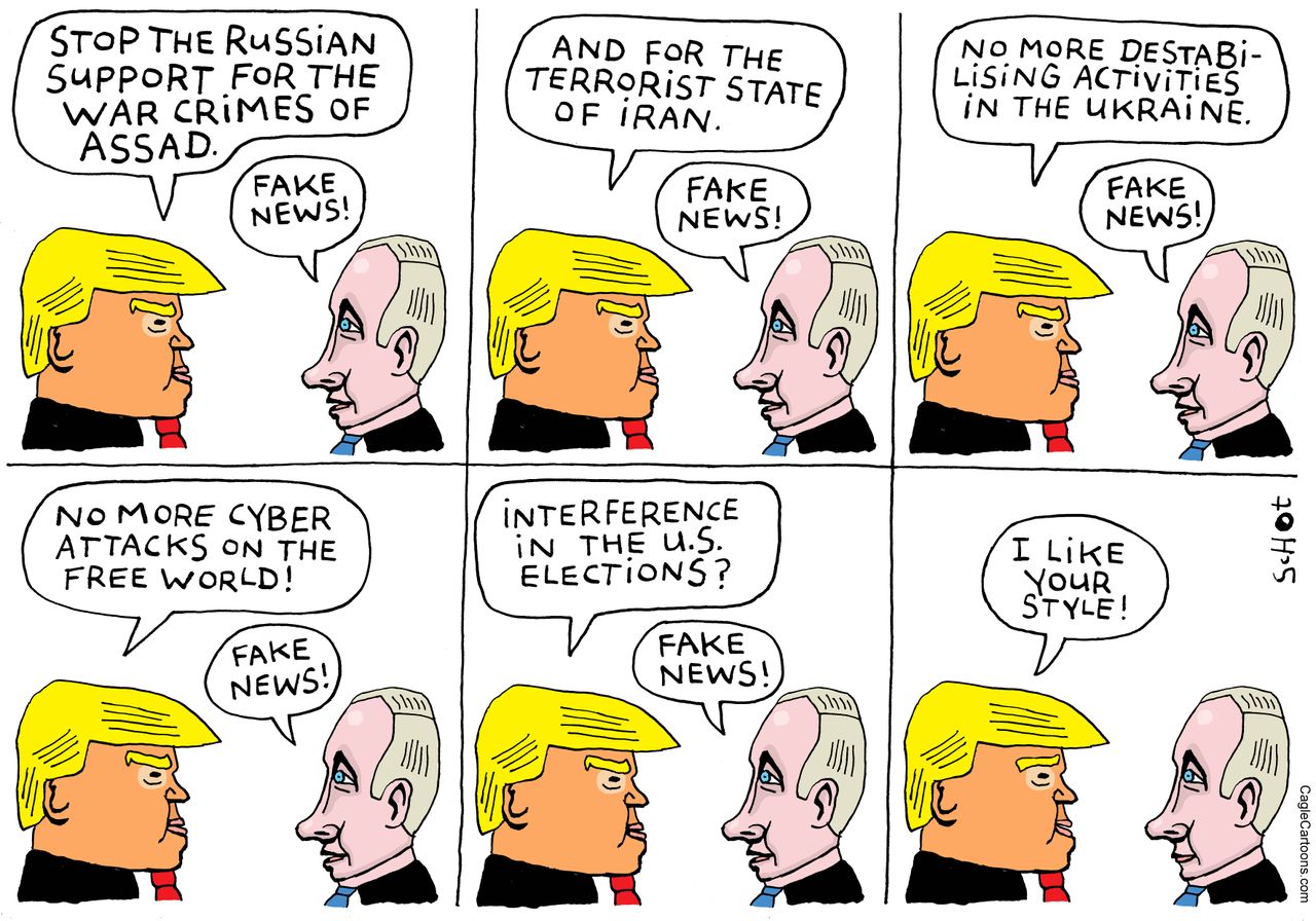 Political cartoon U.S. Trump Putin fake news meeting