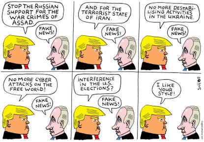 Political cartoon U.S. Trump Putin fake news meeting