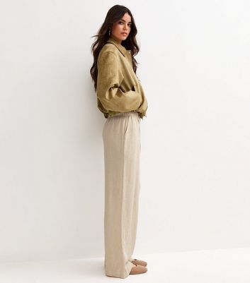 Stone Linen Look Wide Leg Drawstring Trousers