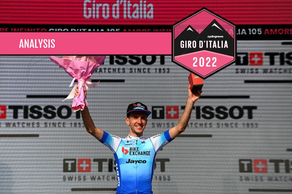 BUDAPEST, HUNGARY - MAY 07: Simon Yates of United Kingdom and Team BikeExchange - Jayco celebrates winning the stage on the podium ceremony after the 105th Giro d&#039;Italia 2022, Stage 2 a 9,2km individual time trial stage from Budapest to Budapest / ITT / #Giro / #WorldTour / on May 07, 2022 in Budapest, Hungary. (Photo by Tim de Waele/Getty Images)