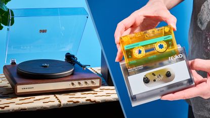 The Crosley C65 turntable on a table top and the Gadhouse MIKO cassette player being held in two hands in front of a blue background