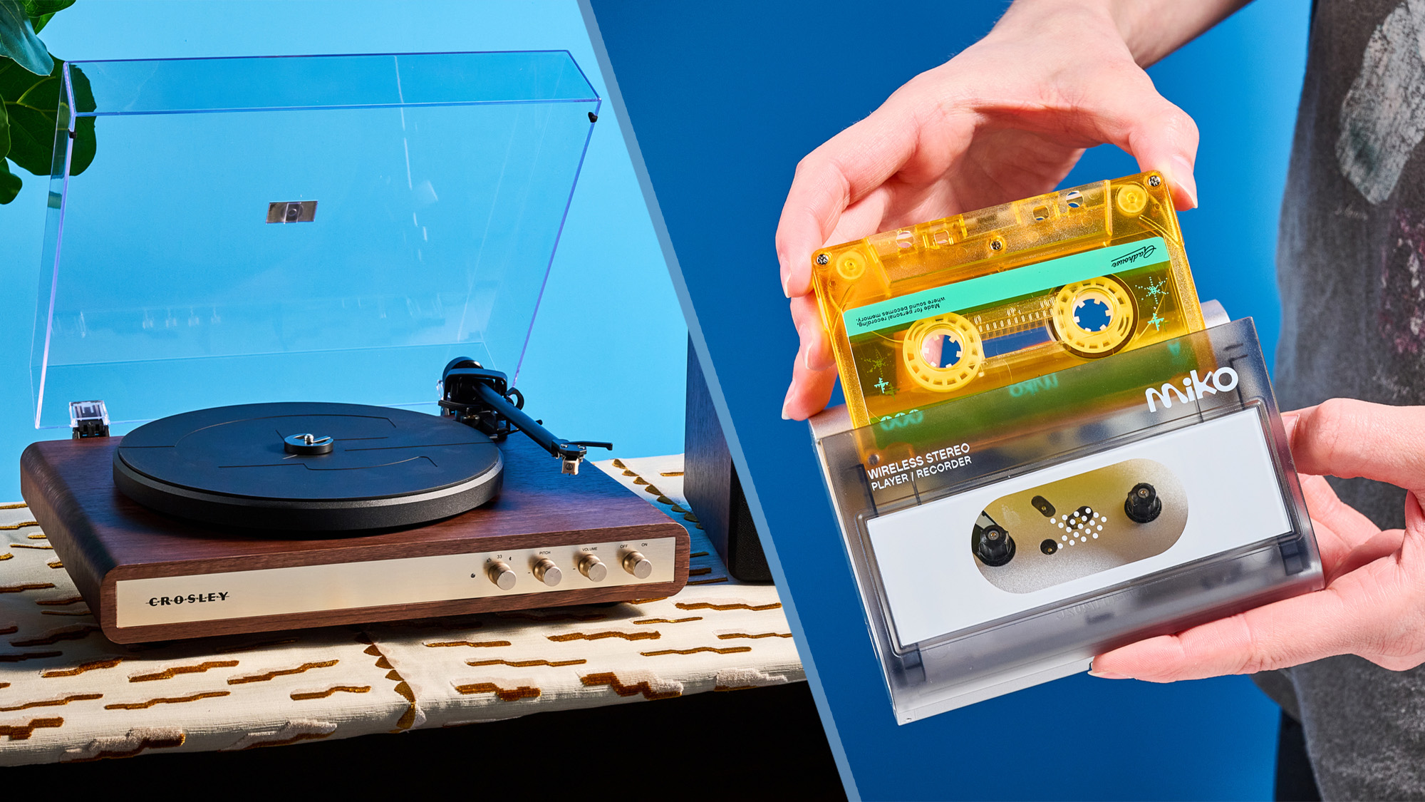 The Crosley C65 turntable on a table top and the Gadhouse MIKO cassette player being held in two hands in front of a blue background