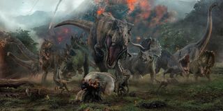 Jurassic World: Fallen Kingdom dinosaur stampede in front of an erupting volcano