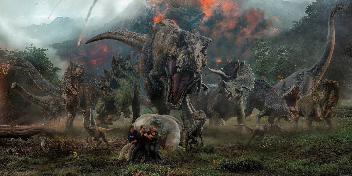 Jurassic World: Fallen Kingdom dinosaur stampede in front of an erupting volcano