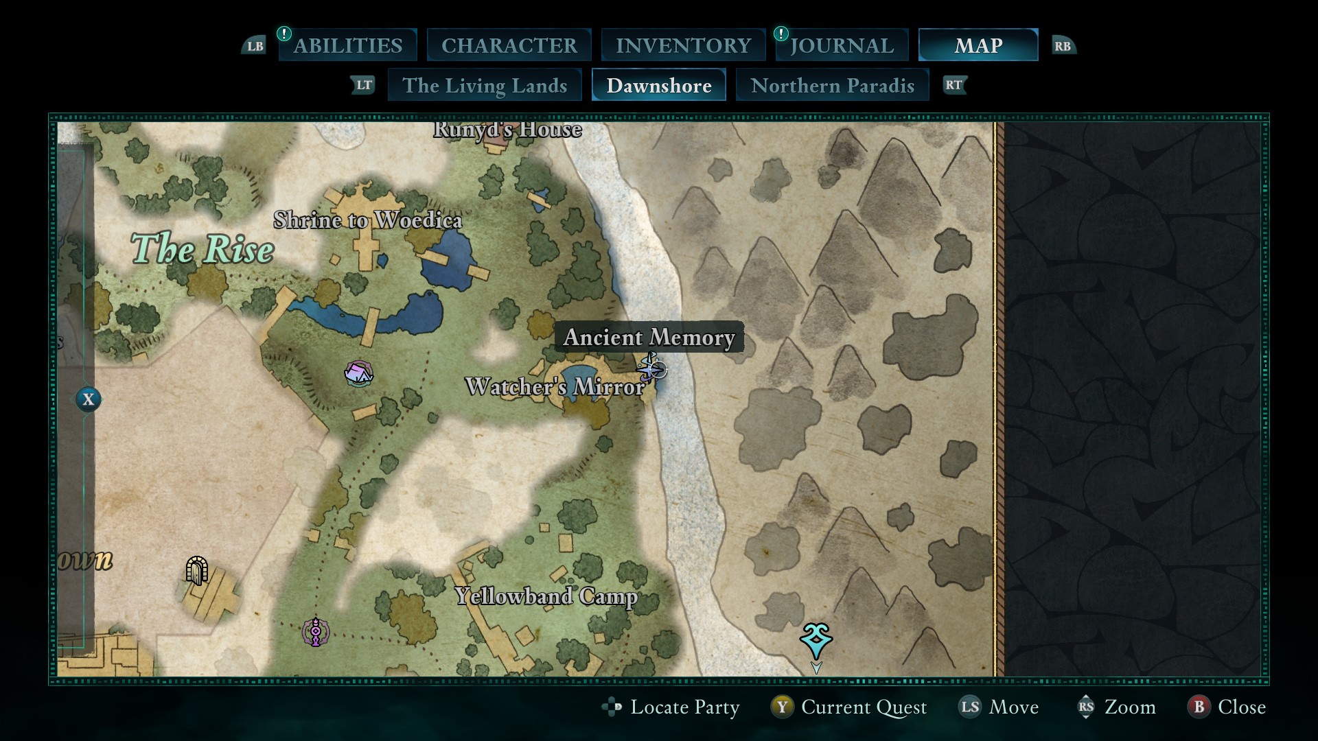 Screenshot of Avowed showing location of Ancient Memory in Dawnshore