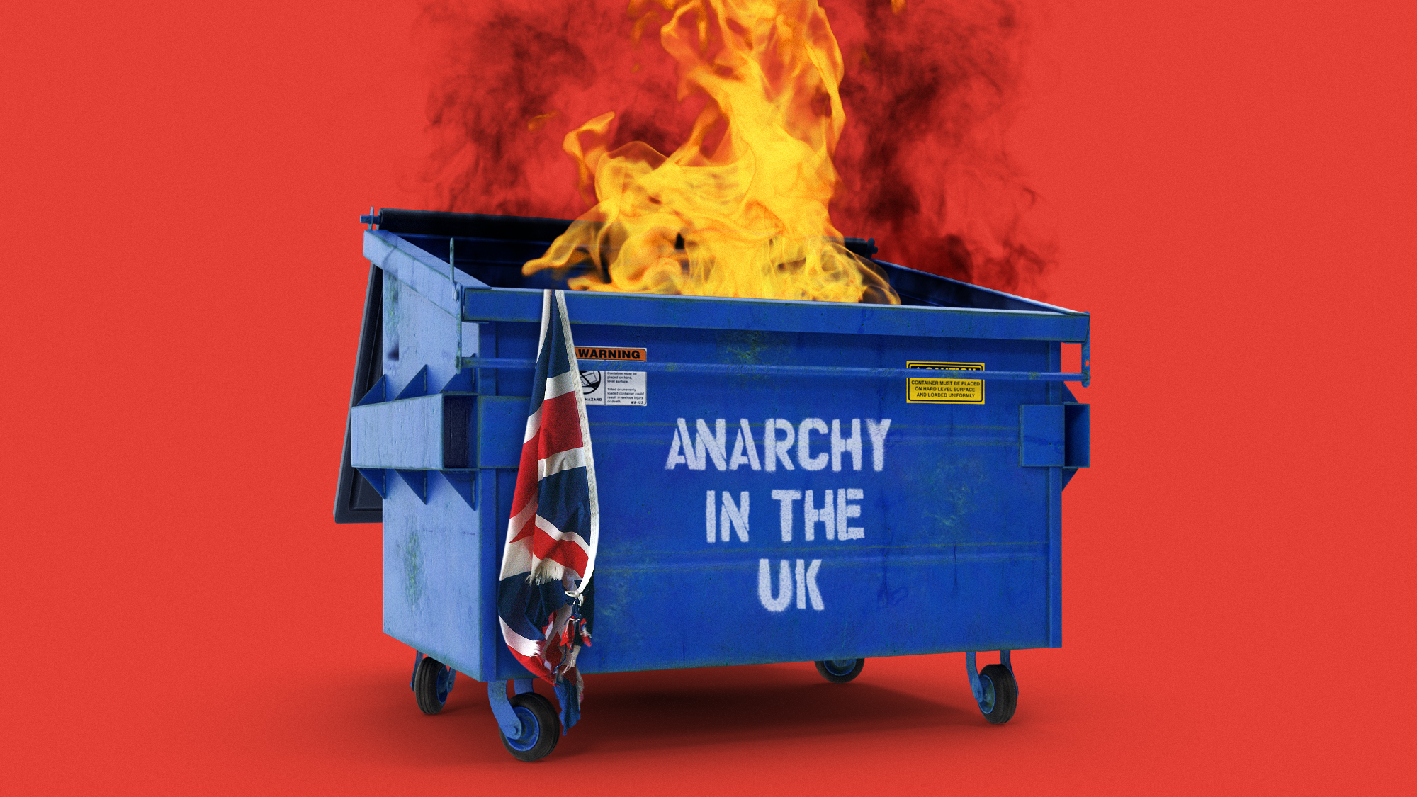 Illustration of a dumpster fire with a ragged Union Jack and 'Anarchy in the UK' graffiti