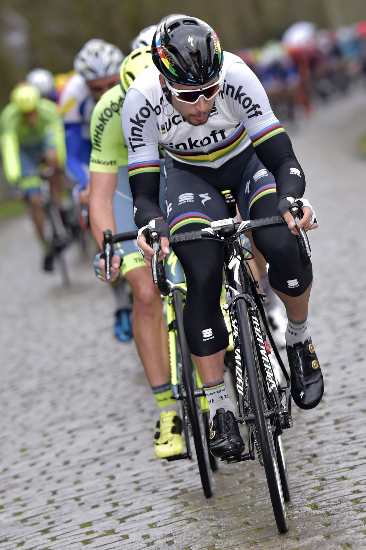 Peter Sagan (Tinkoff) drives the pace on the pav&eacute;