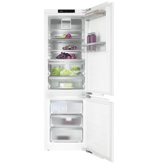 MIELE KFN7795D Built-in fridge-freezer in white with doors open and food inside