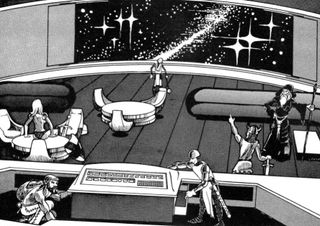 Fantasy adventurers on a spaceship bridge