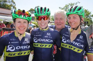 Amanda Spratt, Jenelle Crooks, and Katrin Garfoot with Orica-Scott team owner Gerry Ryan post-victory