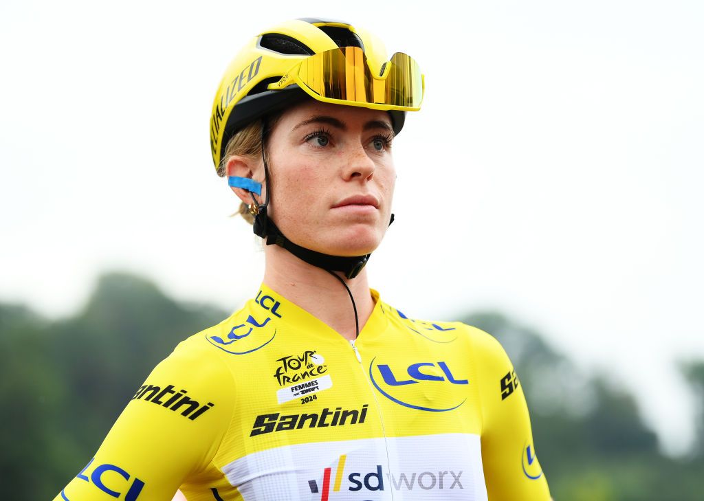 VALKENBURG BELGIUM AUGUST 14 Demi Vollering of The Netherlands and Team SD Worx Protime Yellow leader jersey prior to the 3rd Tour de France Femmes 2024 Stage 4 a 1227km stage from Valkenburg to Liege UCIWWT on August 14 2024 in Valkenburg Belgium Photo by Alex BroadwayGetty Images