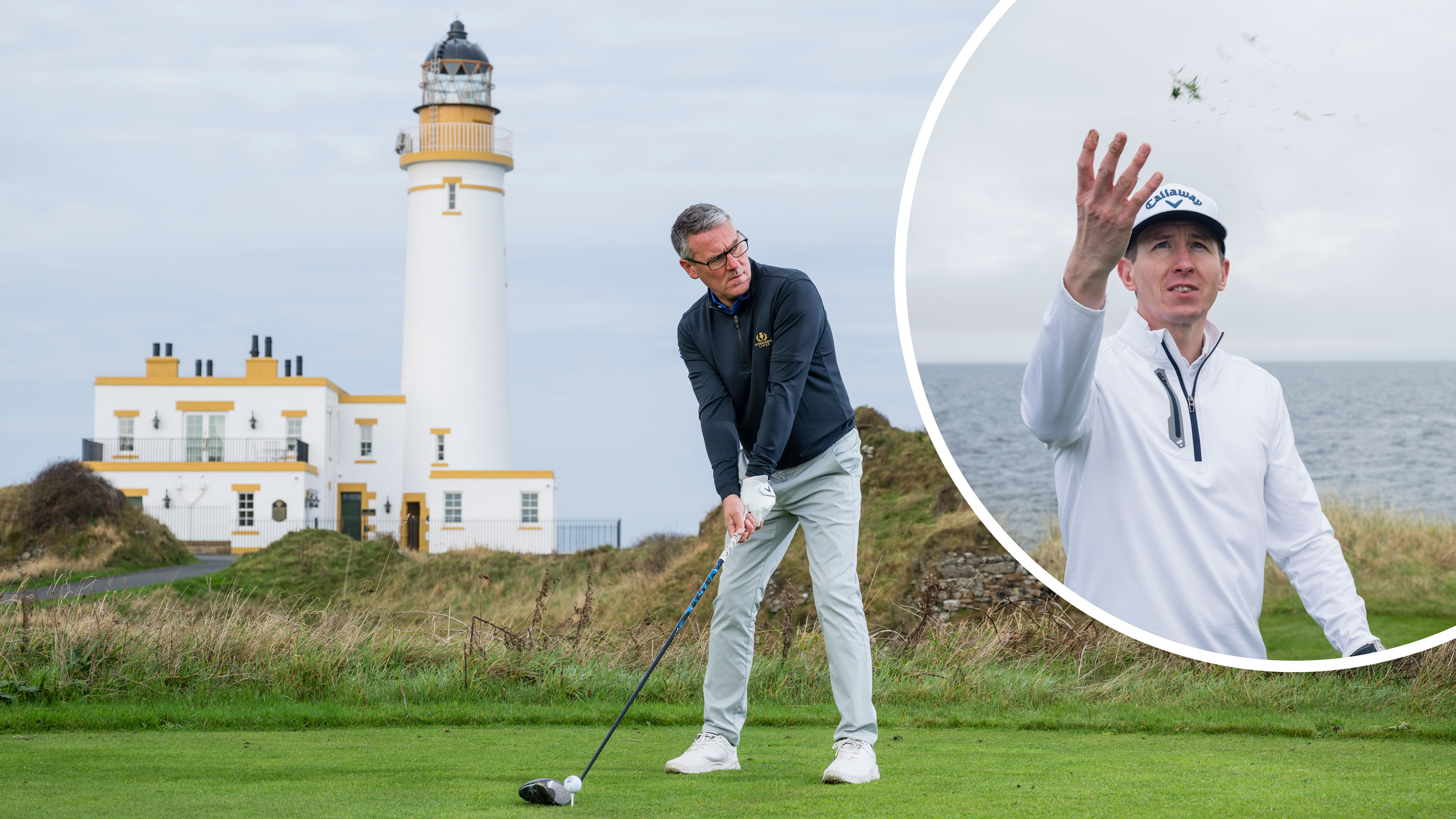 Steve North at address with driver on the tee box at Turnberry, in very challenging conditions, with an inset image of Ben Emerson calculating distance in the wind by throwing grass in the air to determine wind direction