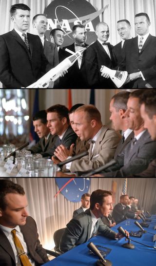 Three takes on the Mercury 7: The real astronauts that Tom Wolfe wrote about in 1979 (at top), the cast of Philip Kaufman's 1983 film (at center) and the cast of National Geographic's "The Right Stuff" streaming on Disney+.