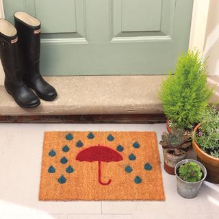room with umbrella printed door mat and plant in pots