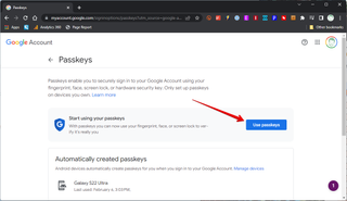 Google Account passkeys page