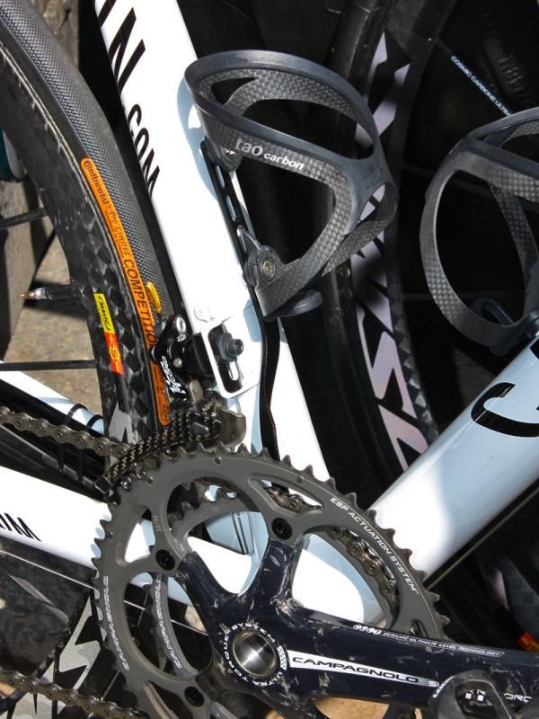 Omega Pharma-Lotto is using these unique chain watchers, which mount to the bottle cage bosses instead of the front derailleur tab for a far more secure foundation.