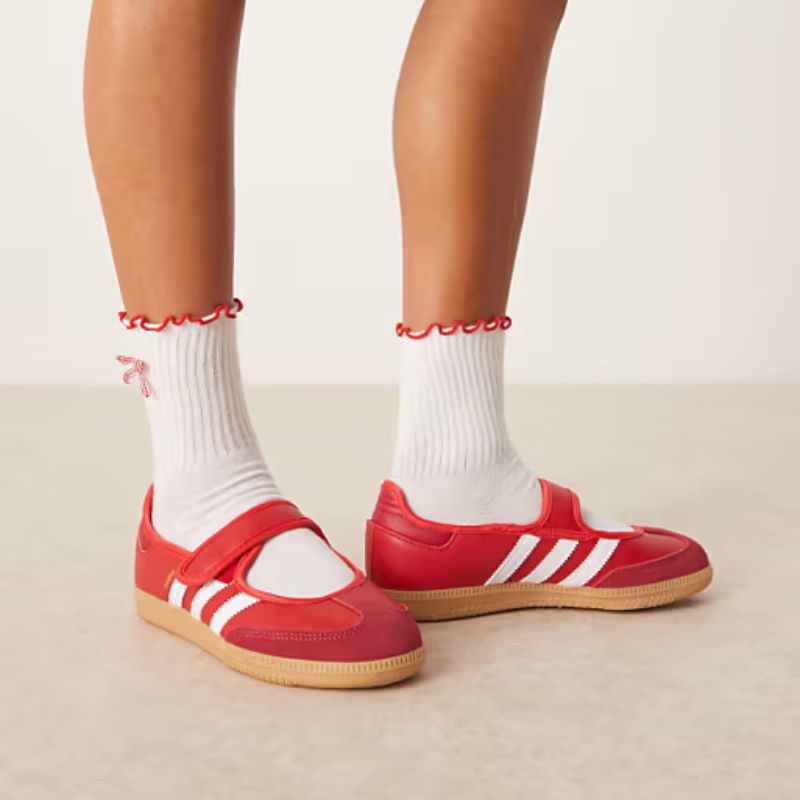 Adidas Samba Mary Janes in red on model 