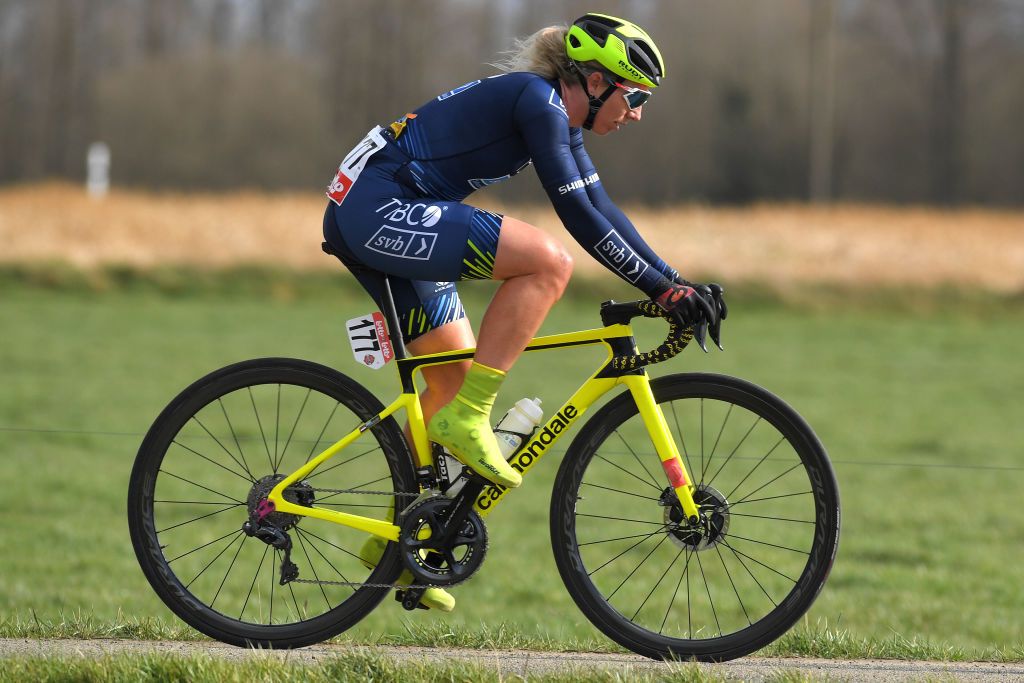 OETINGEN BELGIUM MARCH 14 Nina Kessler of Netherlands and Team TIBCO Silicon Valley Bank during the 1st GP Oetingen Womens Elite a 120km race from Oetingen to Oetingen gpoetingen on March 14 2021 in Oetingen Belgium Photo by Luc ClaessenGetty Images