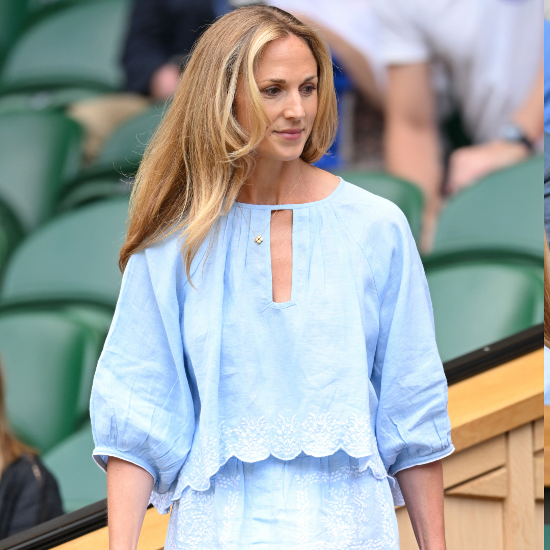 Harriet Sperling wearing a blue top and skirt at Wimbledon