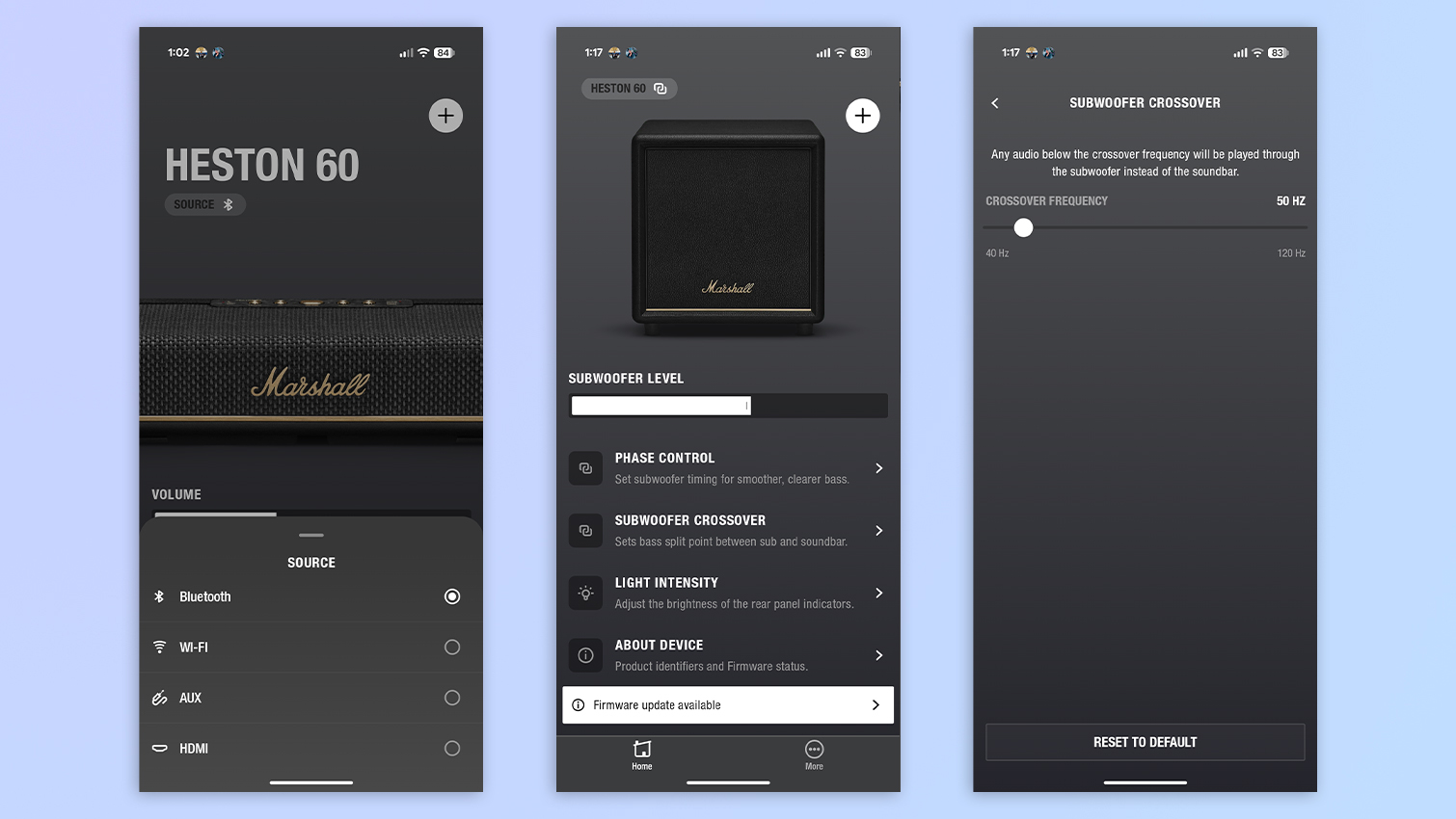 Screenshots of the Marshall app showing customization options for the Marshall Heston 60