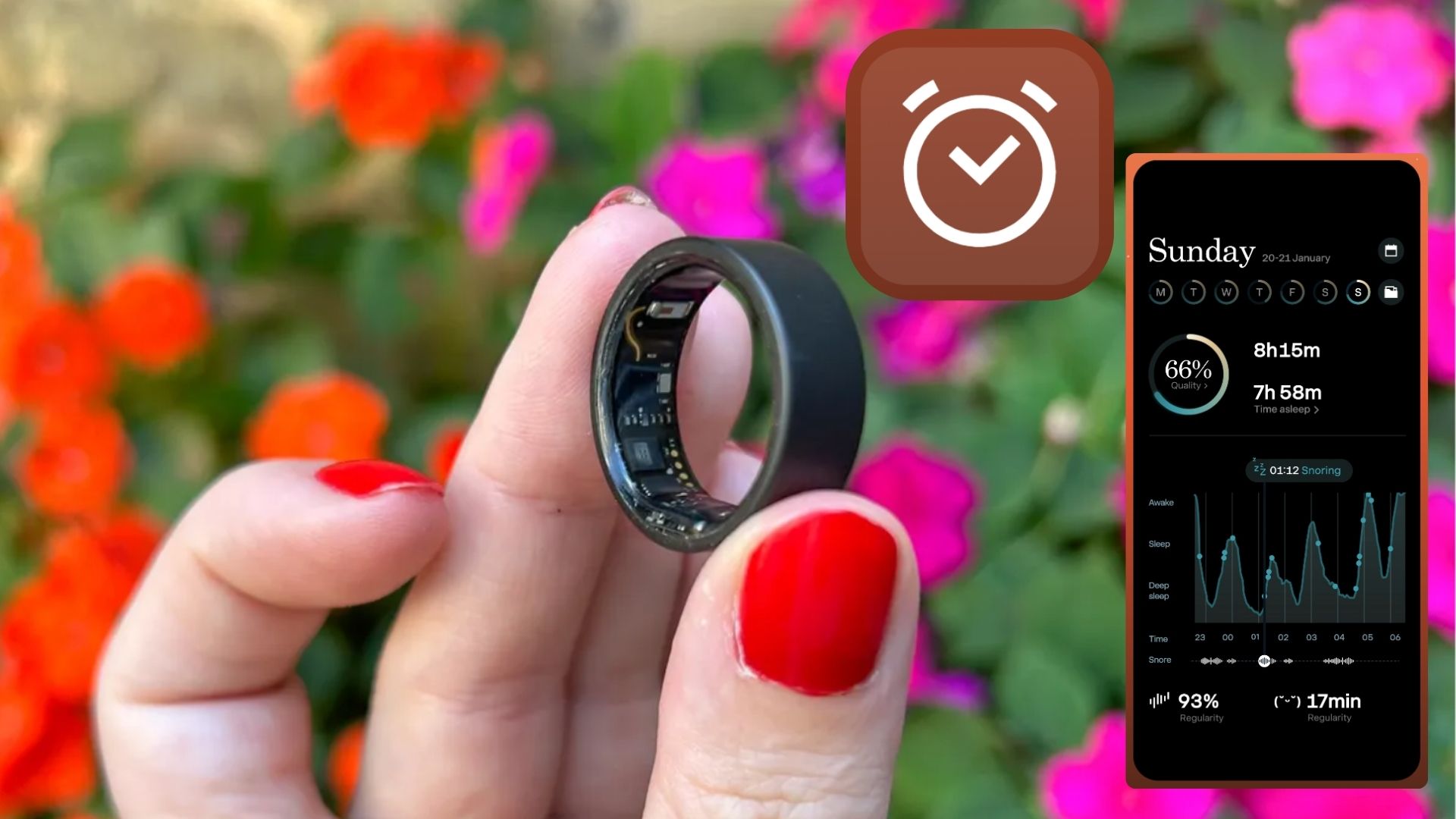 A woman's hand with red nails holding the black Ultrahuman Ring Air against flower bush, overlaid with Sleep Cycle app logo and sleep data mobile screen