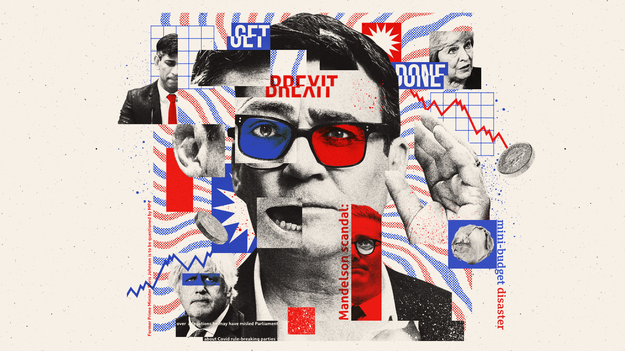 Photo composite illustration of Andy Burnham, Keir Starmer, Rishi Sunak, Boris Johnson, Theresa May, a lettuce and newspaper headlines