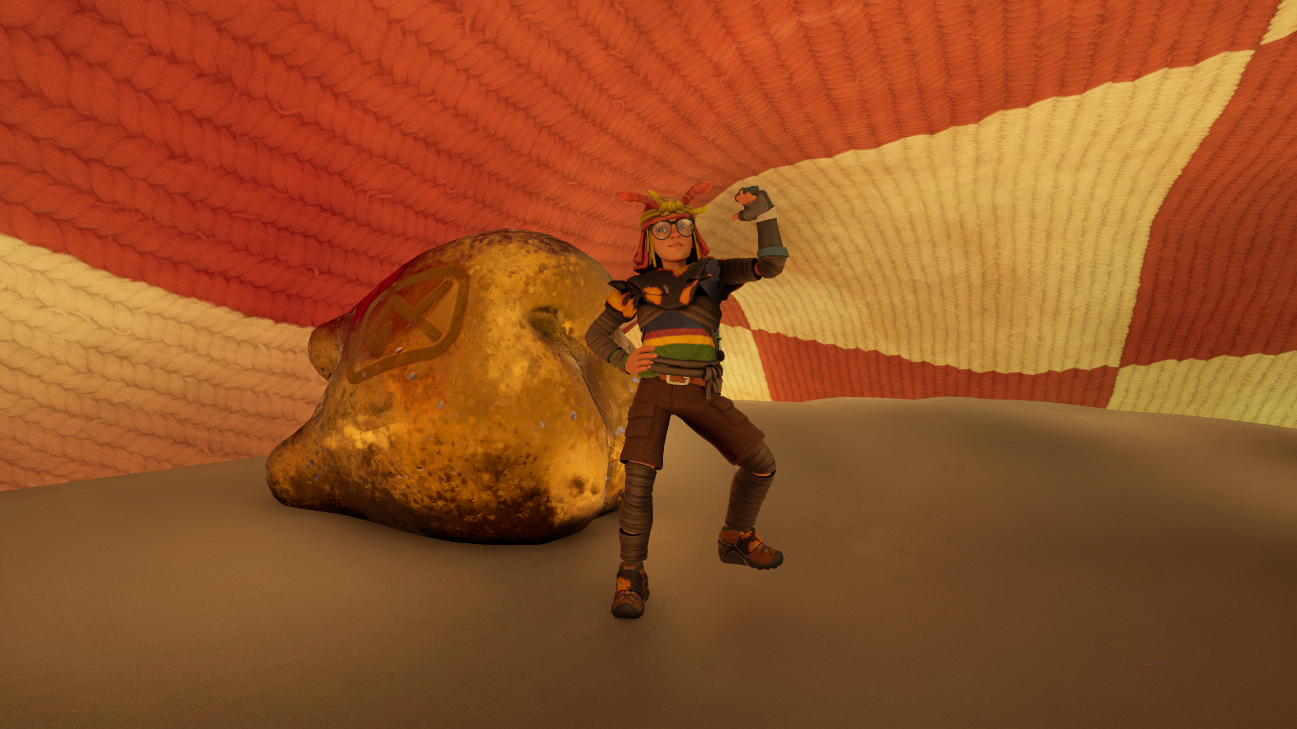 Grounded 2 tips: A character posing by flexing their left arm while standing next to a Mega Milk Molar under a checkered red and white picnic blanket.