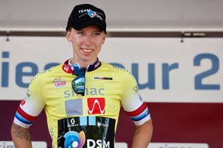 LANDGRAAF NETHERLANDS SEPTEMBER 02 Lorena Wiebes of Netherlands and Team DSM Yellow leader jersey celebrates at podium during the 25th Simac Ladies Tour 2022 Stage 4 a 1352km stage from Landgraaf to Landgraaf SLT2022 UCIWWT on September 02 2022 in Landgraaf Netherlands Photo by Bas CzerwinskiGetty Images